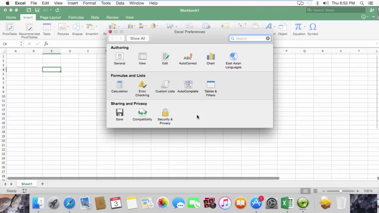 excel options on excel for mac